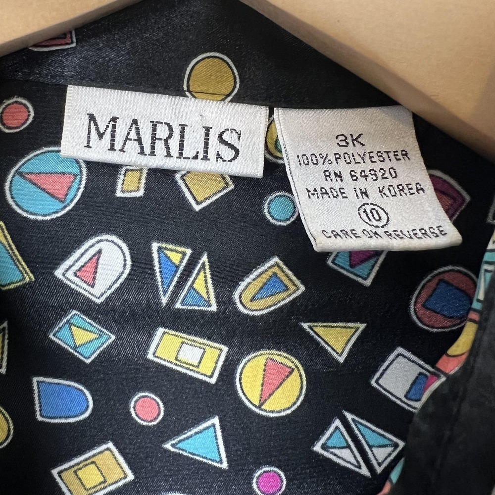 Marlis Shirt Womens 10 Black Colorful Geometric Print Button Up Long Sleeve 90s - Picture 5 of 7